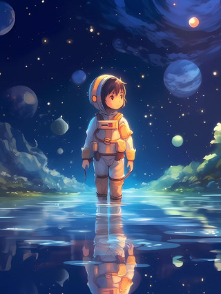 卡通小宇航员探索太空的场景图